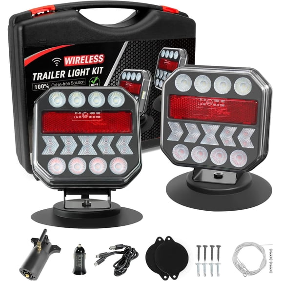 HRT Magnetic Trailer Lights Kit, Rechargeable LED Tail Lights, IP67, Tow Turn Signal Taillights with Reverse Brake for Truck RV Camper Boat