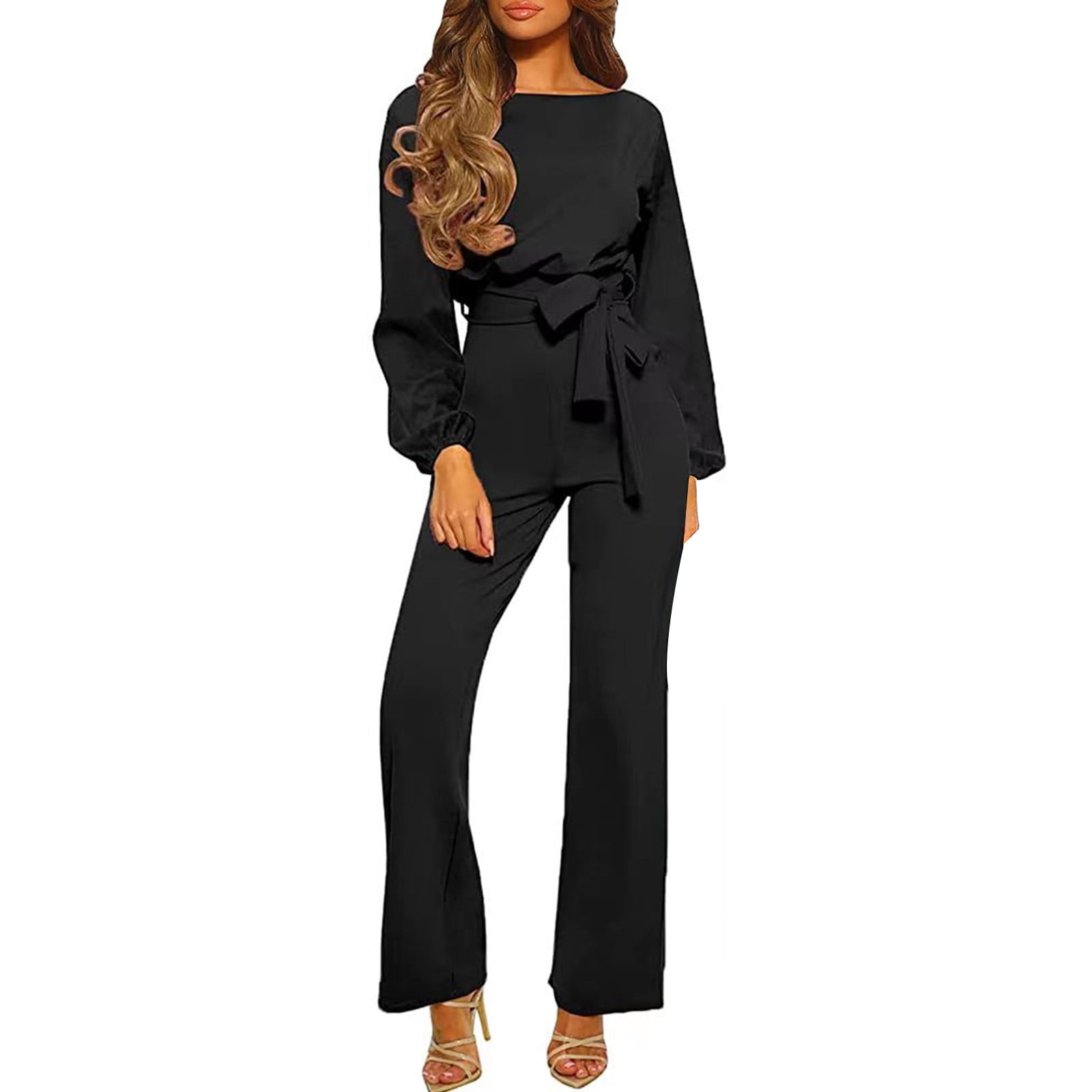 Womens Pants Cotton Romper Women s TemperaWoment Round Neck Long Sleeve High Waist Slim Jumpsuit with Belt Adult Female Clothes Black Size L