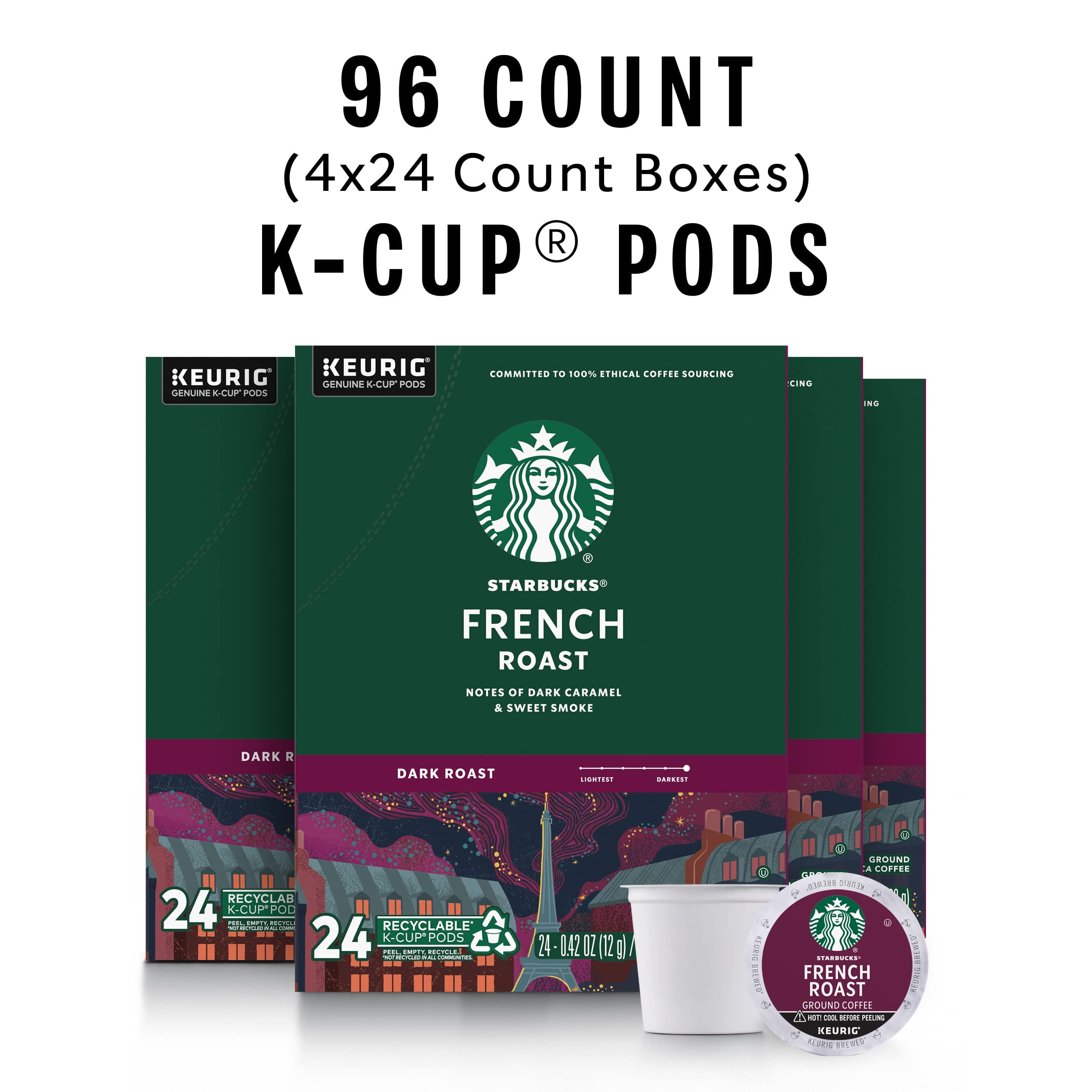 Starbucks K-Cup Coffee Pods, Dark Roast Coffee, French Roast For Keurig Brewers, 100% Arabica, 4 Boxes (96 Pods Total)