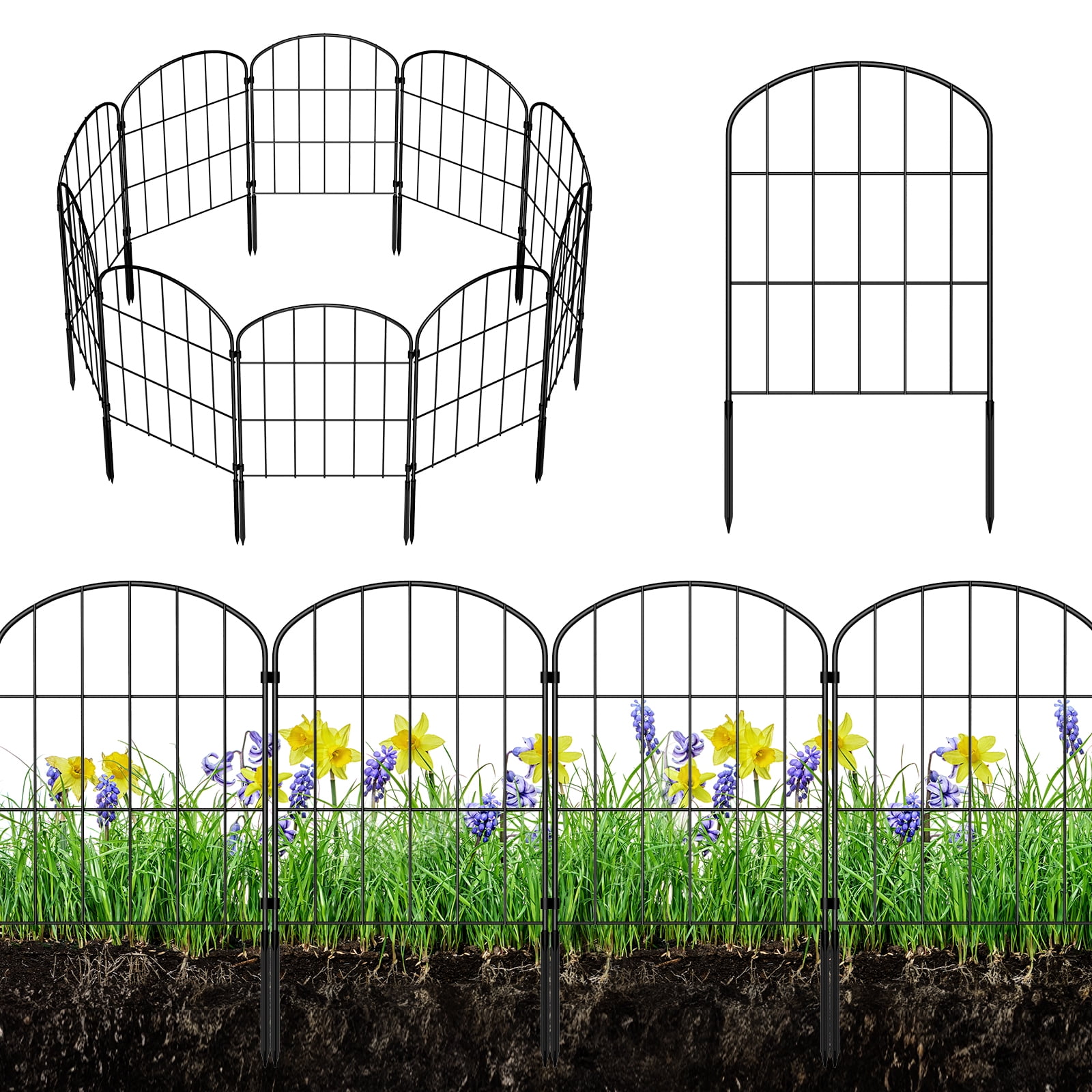 10-Pack Garden Fence 10.8ft Total Length, 22.3in脳12.6in Black Metal Decorative Animal Barrier for Yard Patio Flower Bed