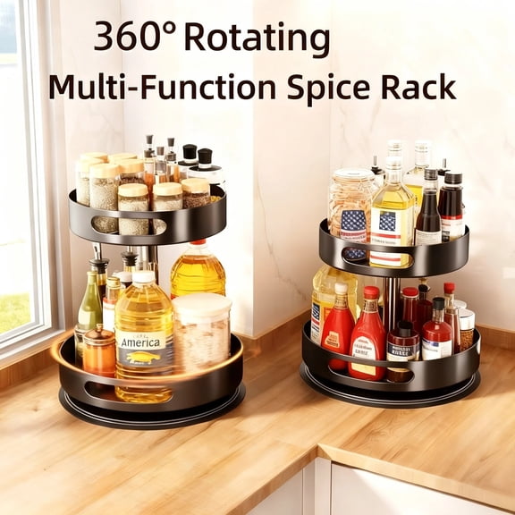 ShundaCat 2-Tier Rotating Spice Rack, Functional Kitchen Countertop Organizer, 360-Degree Turntable for Oil, Salt, Sauce Bottles and Condiment Jars