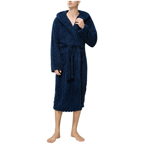 ShomPort Knee Length Sleepwear for Mens Cable Knit Tie Open Front Shawl Collared Robes with Hooded Comfort Soft Pockets Nightgown