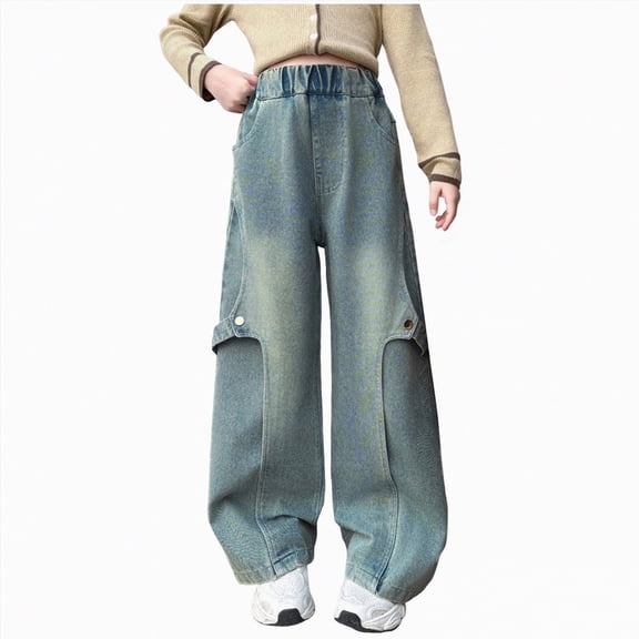 mgoYE Girls Jeans Kids Girls Ripped Distressed Washed Baggy Wide Leg Casual Jeans Kids Jeans Girls(Mint Green,9-10 Years)