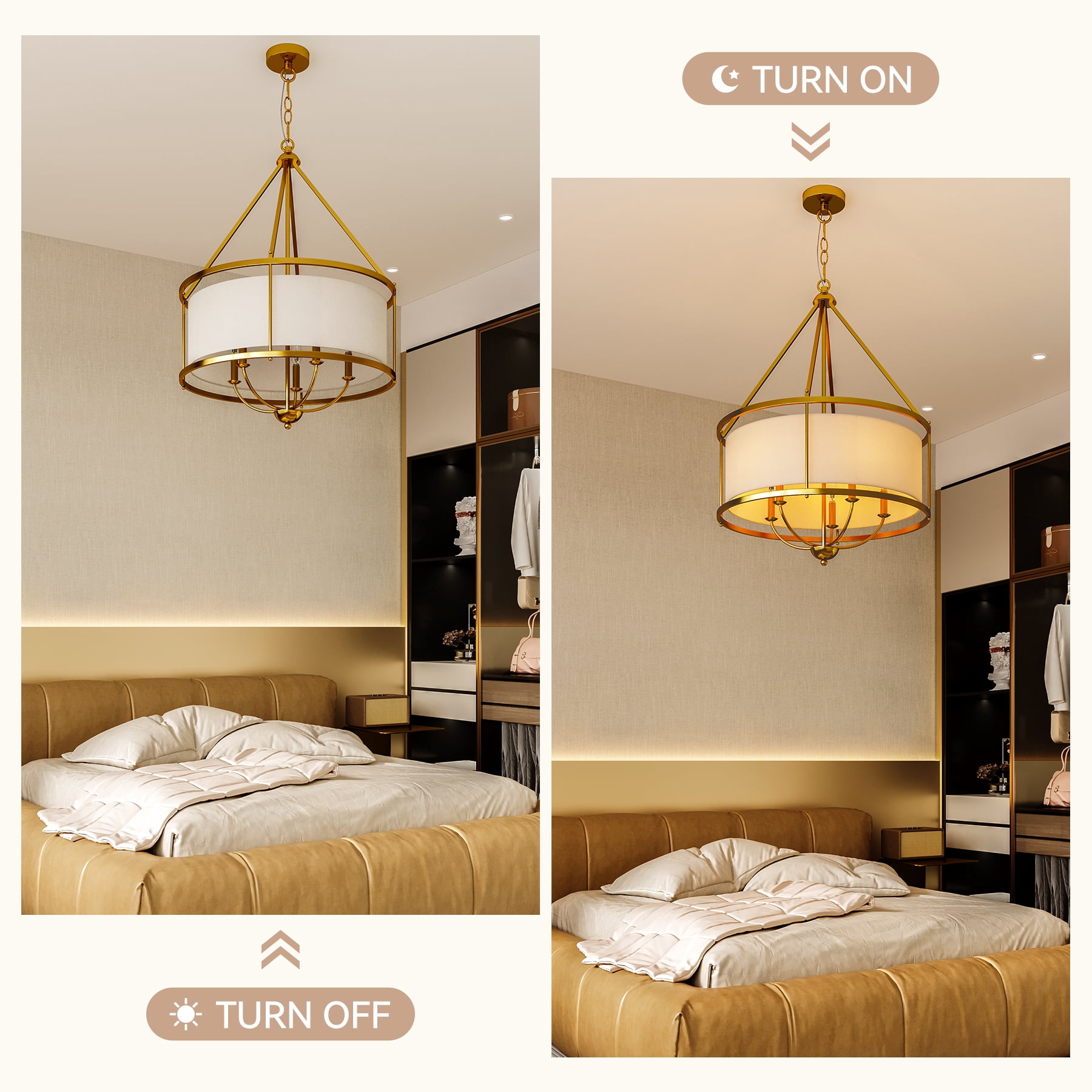 Tribesigns 5-Light Pendant Light with Drum Fabric Lampshade, Height-Adjustable Hanging Light Fixture, Modern Chandelier for Living Room, Dining Room, Bedroom, Staircase