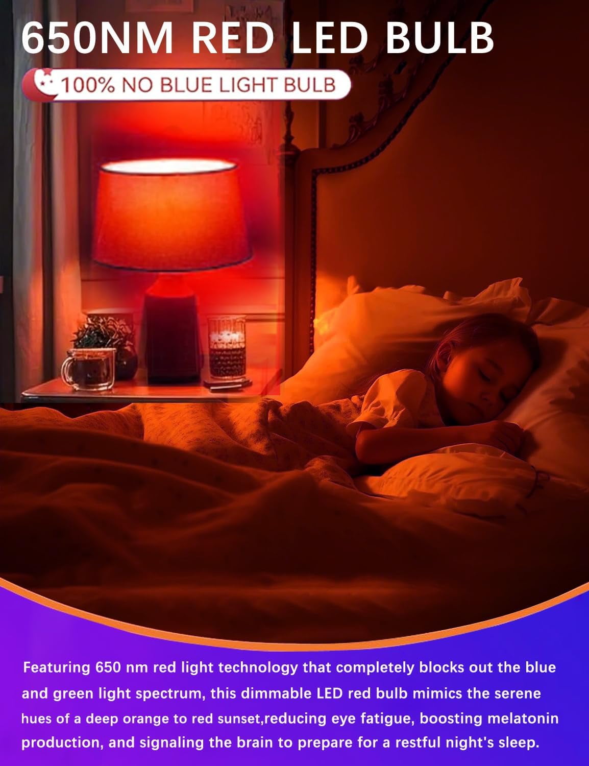 LED Red Sleep Light Bulb Dimmable, 100% Blue Light Blocking Bulb 650nm Promoting Melatonin Red Light Bulbs, A19 7W E26 Base Dim Light Bulbs for Bedroom, Baby Nursery,2 Packs