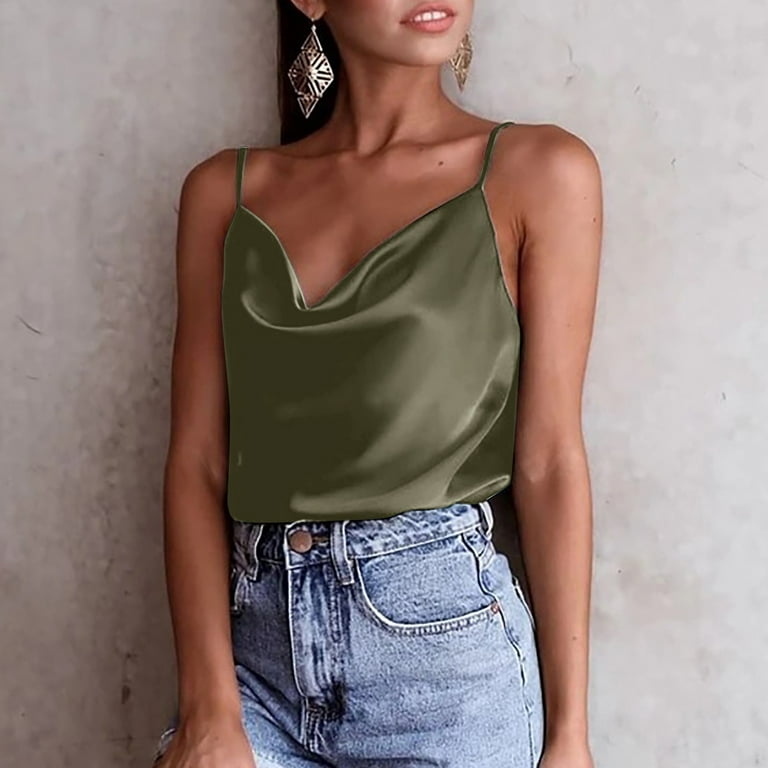 CLZOUD Women's Tank Tops Loose Fit Army Green Satin Women's Cowl Neck Satin  Cami Top Spaghetti Straps Adjustable Camisole Sleeveless Soft Tank Tops M