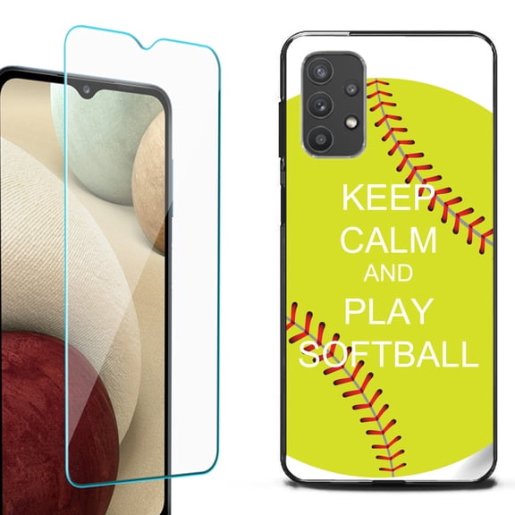 Slim-Fit Flexible TPU Gel Phone Case (black) for Samsung Galaxy A32 5G, with Tempered Glass Screen Protector, by OneToughShield ® - Keep Calm Softball