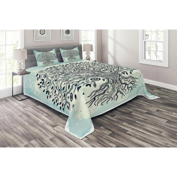 Ambesonne East Quilted Coverlet 3 Pcs, Chinese Bonsai Roots, King Size, Indigo Cream Pale Blue