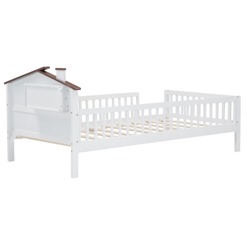 Bellemave Twin Bed with House-Shaped Headboard and Guardrail, Wood Platform Bed Frame Built-in Storage and LED Light, Twin Size Bed No Box Spring Needed (White)
