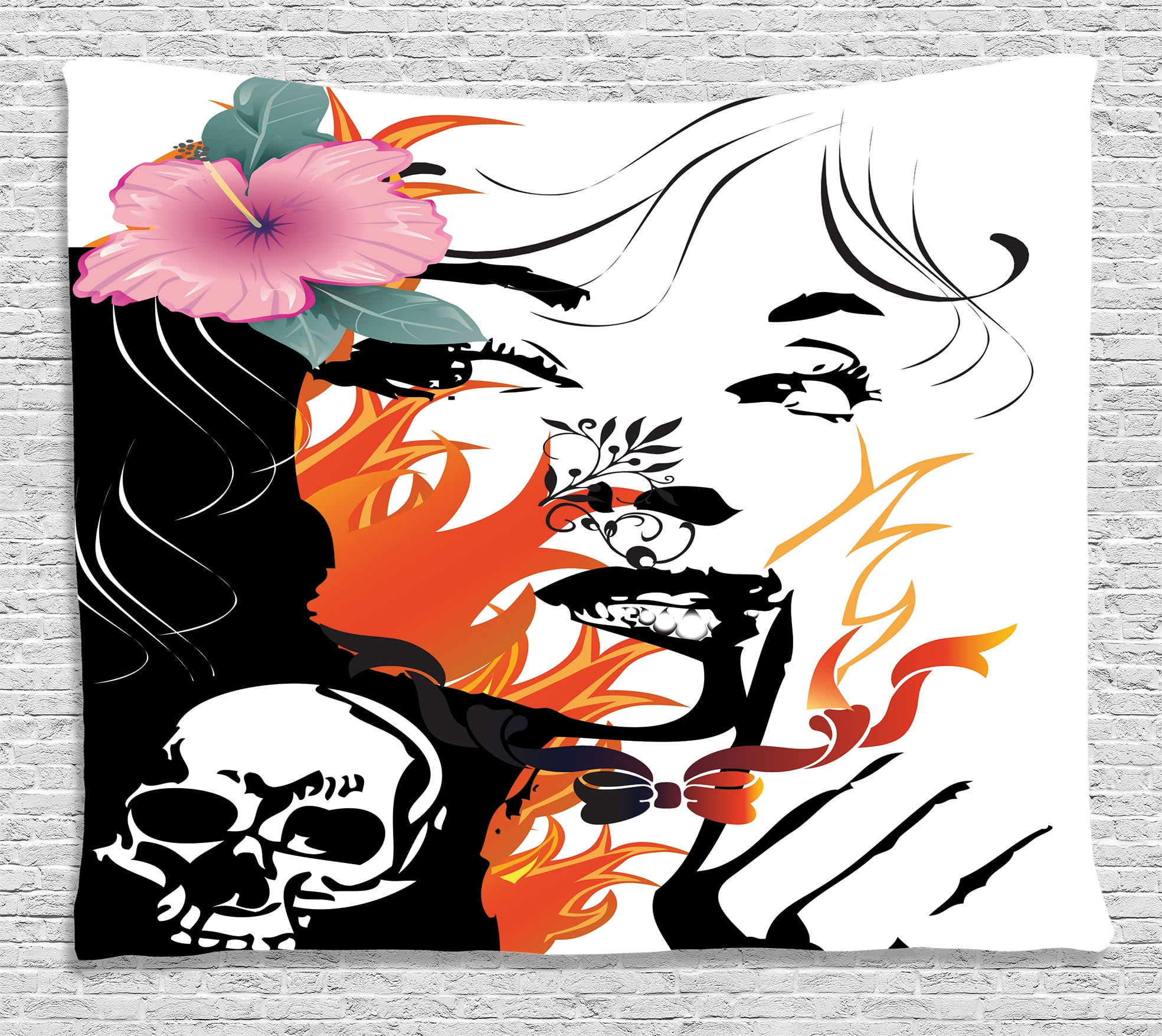 Tattoo Decor Tapestry Attractive Women With Pink Flower In Her