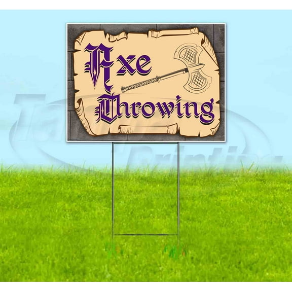Medieval Fair Axe Throwing Purple Scroll (18" x 24") Yard Sign, Includes Metal Step Stake