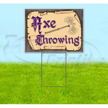 Medieval Fair Axe Throwing Purple Scroll (18 x 24 ) Yard Sign Includes Metal Step Stake