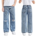 thumbnail image 2 of JLMSPLWG Distressed Jeans for Boys Wide Leg Jean Boy Solid Color Bootcut Denim Jeans Kids Cute High Waist Straight Pants with Pockets Boy's Clothess Size 10-12, 2 of 6