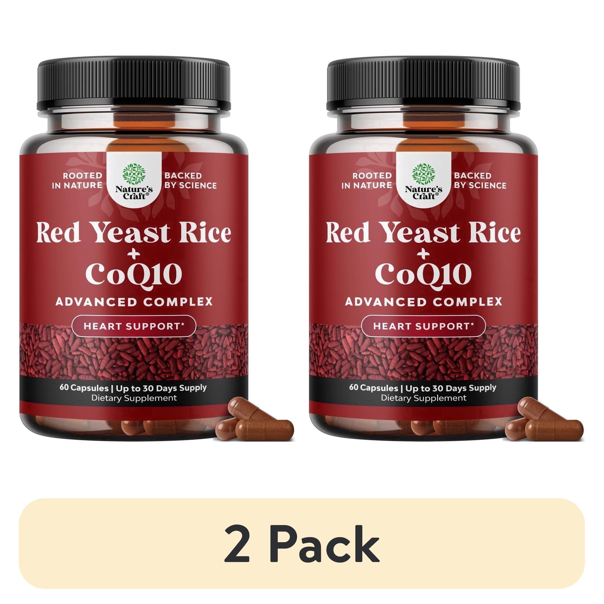 (2 pack) Natures Craft Red Yeast Rice Capsules 1200mg with CoQ10 100mg, Heart Health Supplement, 60 Count