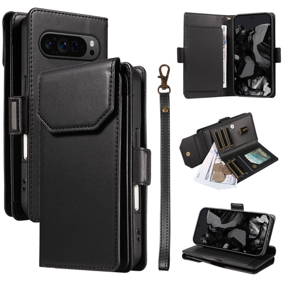 for Google Pixel 9A Case with 11 Card Slots & 2 Cash Pockets for Woman Man,PU Leather Flip Kickstand Folio [RFID Blocking] Wallet Case, Wrist Strap Magnetic Clasp Protective Cover,Black
