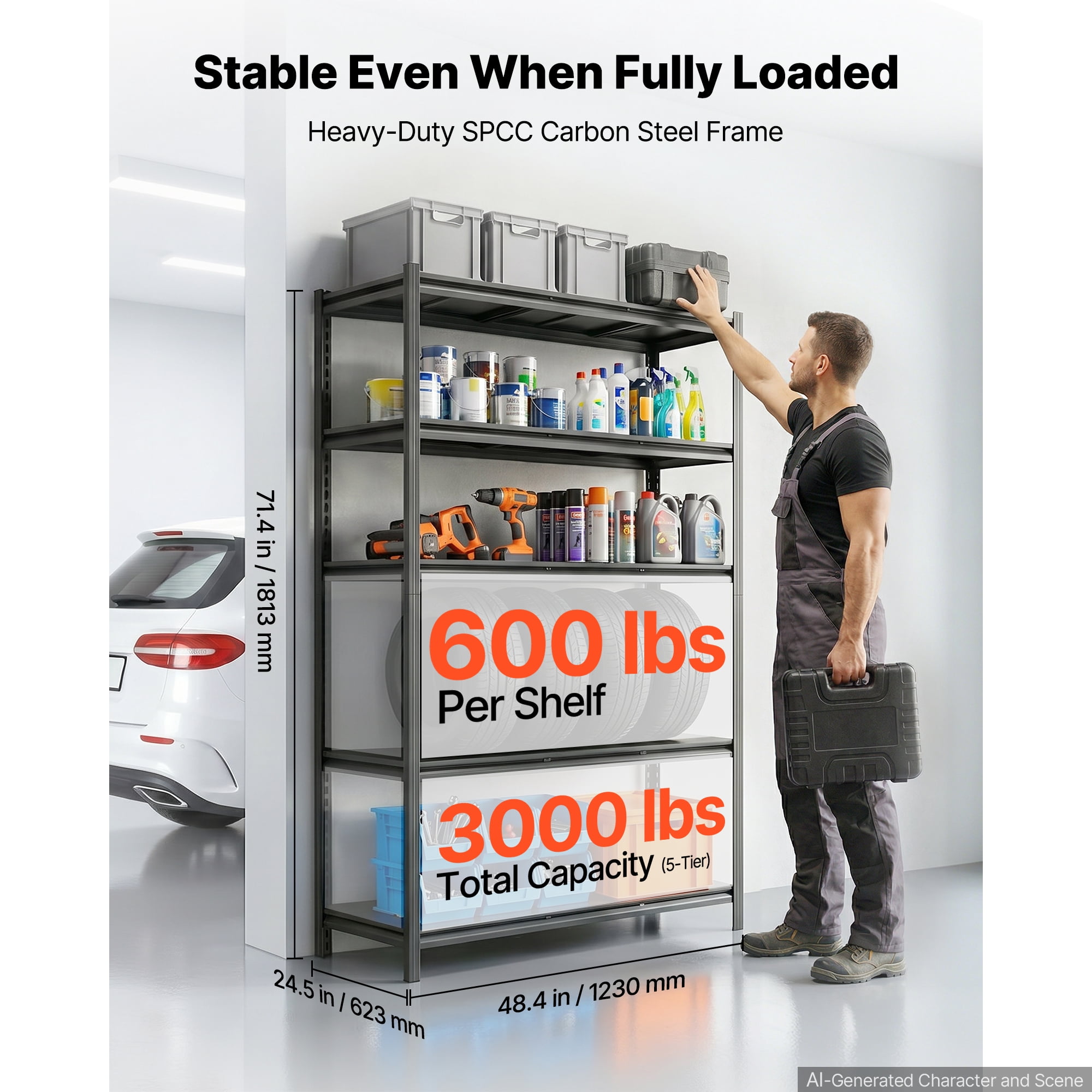 KFFKFF 5-Tier Adjustable Storage Shelves, 3000 lbs Capacity, Heavy-Duty Metal Utility Rack for Garage, Workshop, Warehouse, or Basement, 48.43" W x 24.53" D x 71.38" H