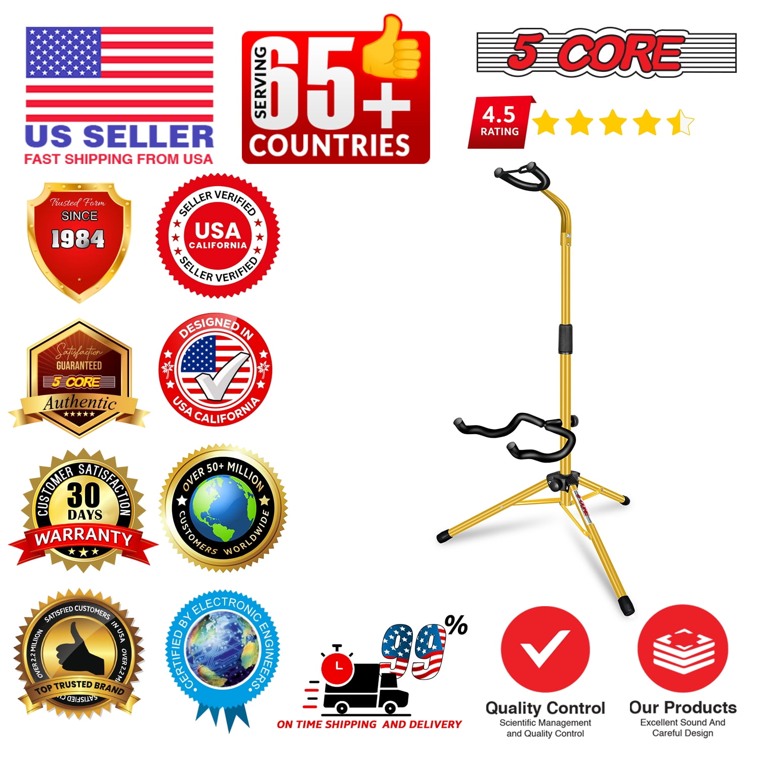 5 Core Guitar Stand Floor Adjustable 2pcs Heavy Duty w Neck Holder Universal Supports for Acoustic Electric Classic Bass Instrument Folding Portable Yellow - GSH HD YLW