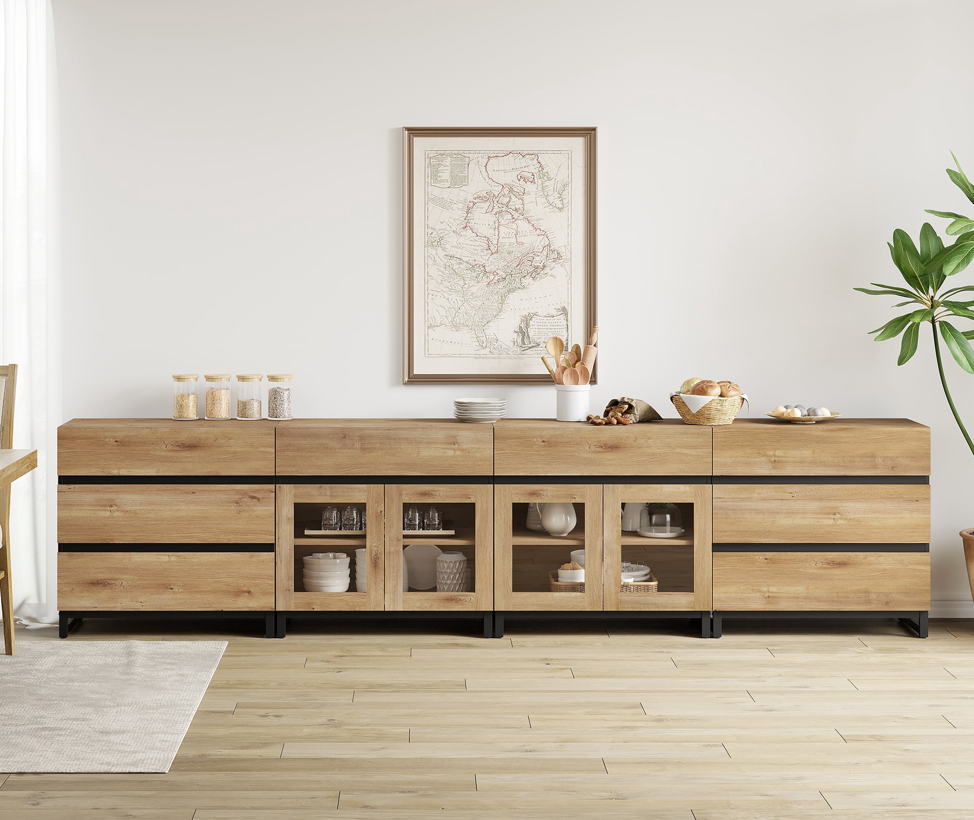 Modern 4-in-1 Sideboard Buffet Cabinet, Storage Credenza with 8 Drawers, Adjustable Shelf and Tempered Glass Doors, Metal Base Coffee Bar Cabinet for Home Decor,Oak