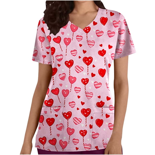 TaTaai Romantic Heart Print Women Scrub Blouse Premium Cotton Regular Fit Short Sleeve V Neck Functional Pocket Non See Through Nurse Work Daily Wear Gift