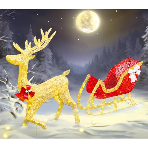 Lighted Deer And Sleigh Set