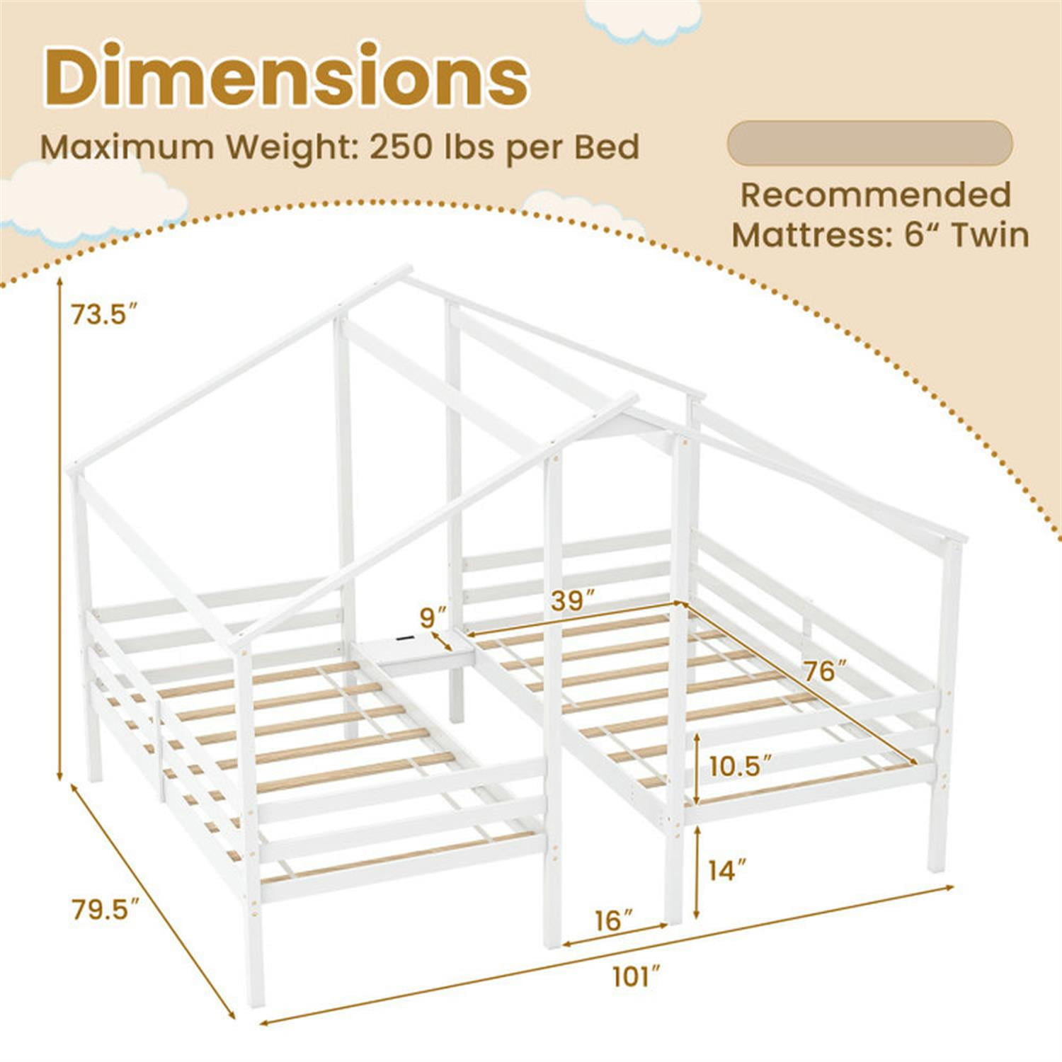 Demi Bonn Double Twin Size Wooden Bed Frames with Built-in Table, Modern House Bed for Teens, White