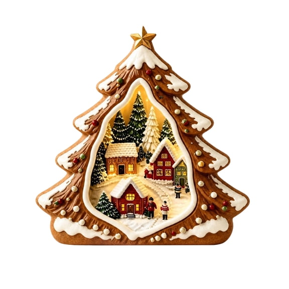 Christmas Wooden House Ornament Holiday Tabletop Decor with Warm Light, Gingerbread Style Tree Shape for Christmas Mantel and Holiday Home Decoration