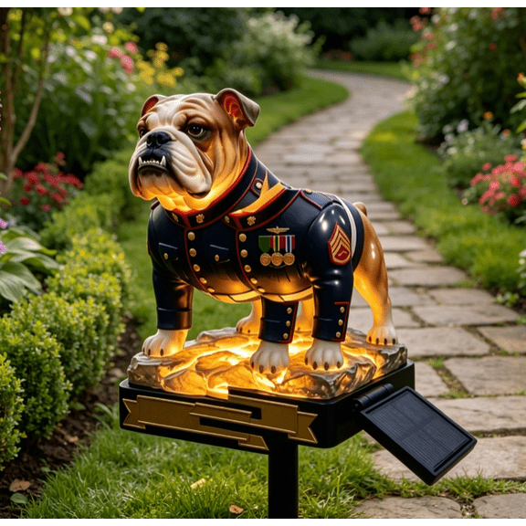 2026 NEW Solar Bulldog Garden Light, Military Themed Outdoor Solar Stake Decor, Durable Waterproof Resin Auto On/Off for Patio Garden Pathway