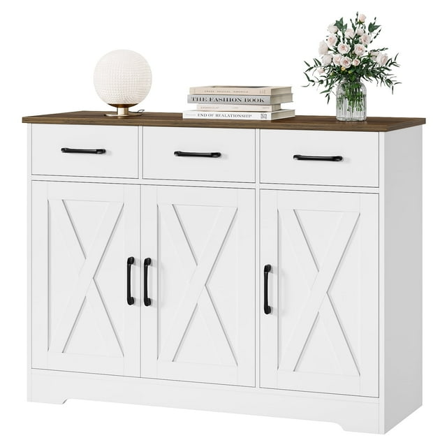 Homfa Buffet Bahut de Cuisine 42,5 Pieds', Armoire de Rangement Style Ferme à 3 Tiroirs pour Café avec Tablette Ajustable, Blanc
