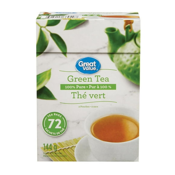 Thé Vert Great Value 144 g, 72 sachets de the