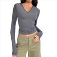thumbnail image 2 of Camisas de Larga de Moda para Mujer, Blusas de Otoño con Cuello en V, Ajustadas y Recortadas, Conjuntos Y2K. Gris M, 2 of 7