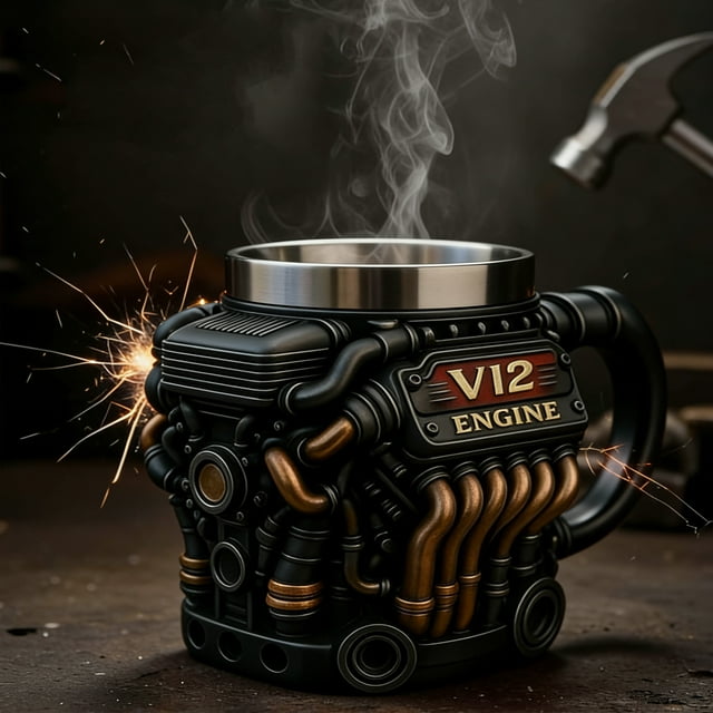 Taza térmica de acero inoxidable para amantes de los coches | Aislamiento al vacío de doble pared | Diseño con motor V12 y V6 | Vaso de viaje reutilizable para bebidas frías y calientes