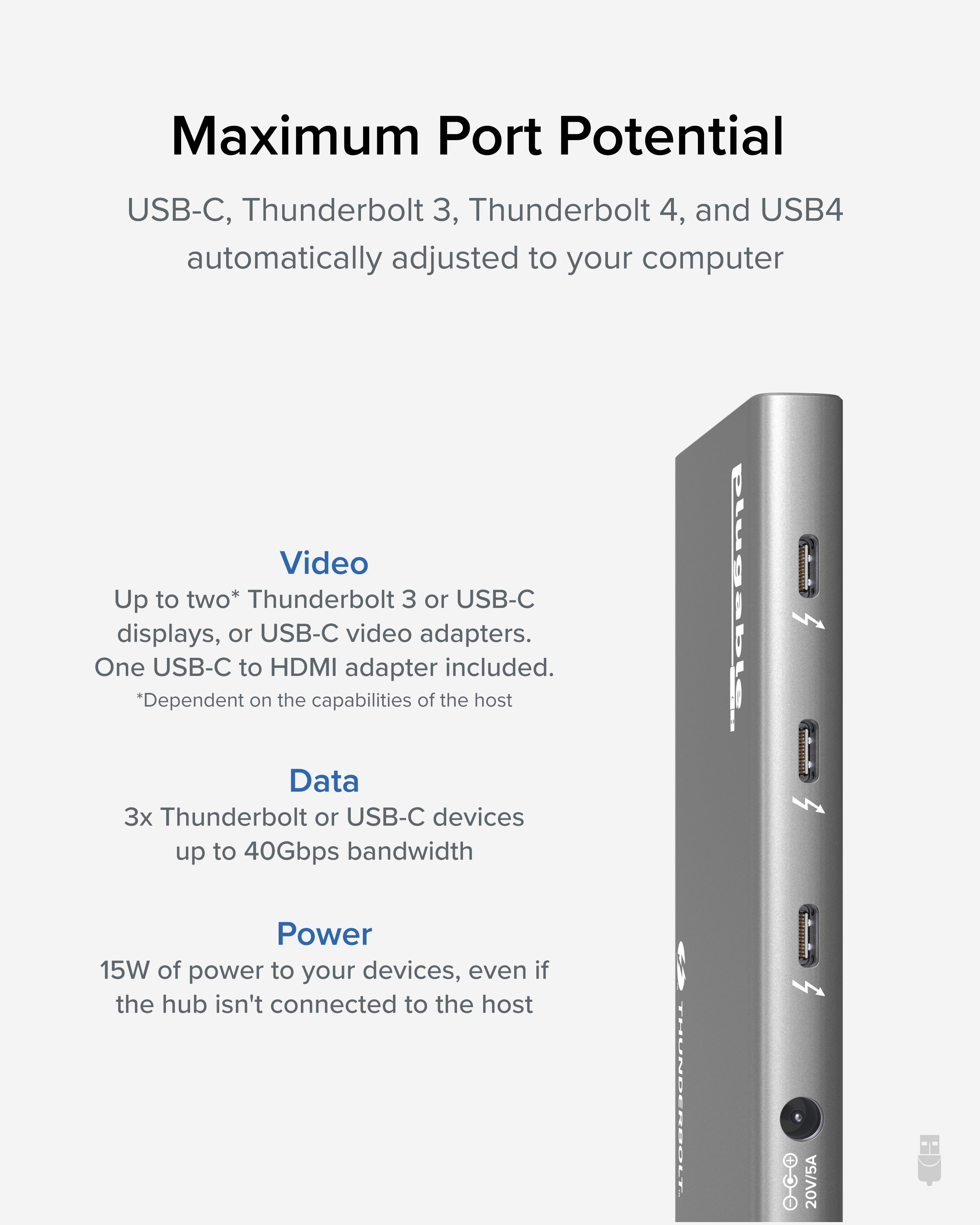 Plugable 5-in-1 Thunderbolt 4 Hub with 60W Charging, Single 8K or Dual 4K Display, Compatible with Thunderbolt USB4 Macs and Thunderbolt 4 / USB4 Windows (1x USB-C to HDMI Adapter) - image 2 of 7