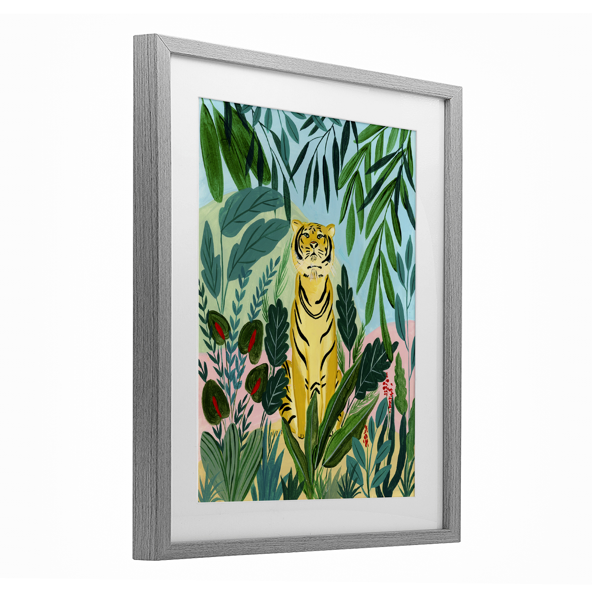 Stoic Tiger Tropical Forest Gray Framed Print Under Glass, design by Nabeela Rumi