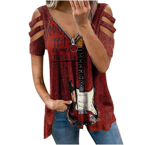 USSUMA Plus Womens Tops Dressy Casual Women's Cut Out Cold Shoulder Casual Tops Summer Short Sleeve T Shirts Sexy Low Cut Zipper V Neck Plus Size Tunic Blouse