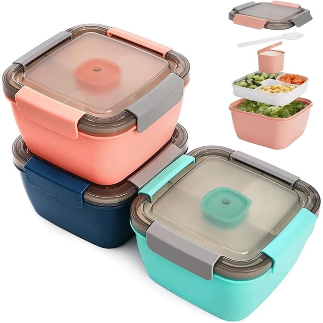 xianlin-3 Ensemble de Contenants à Salade pour Déjeuner, Bol à Salade avec Couvercle, Boîte à Lunch Bento à 3 Compartiments, Contenant Alimentaire à Emporter, Cuillère Réutilisable Intégrée, Sans BPA, Micro-Ondes Sûr