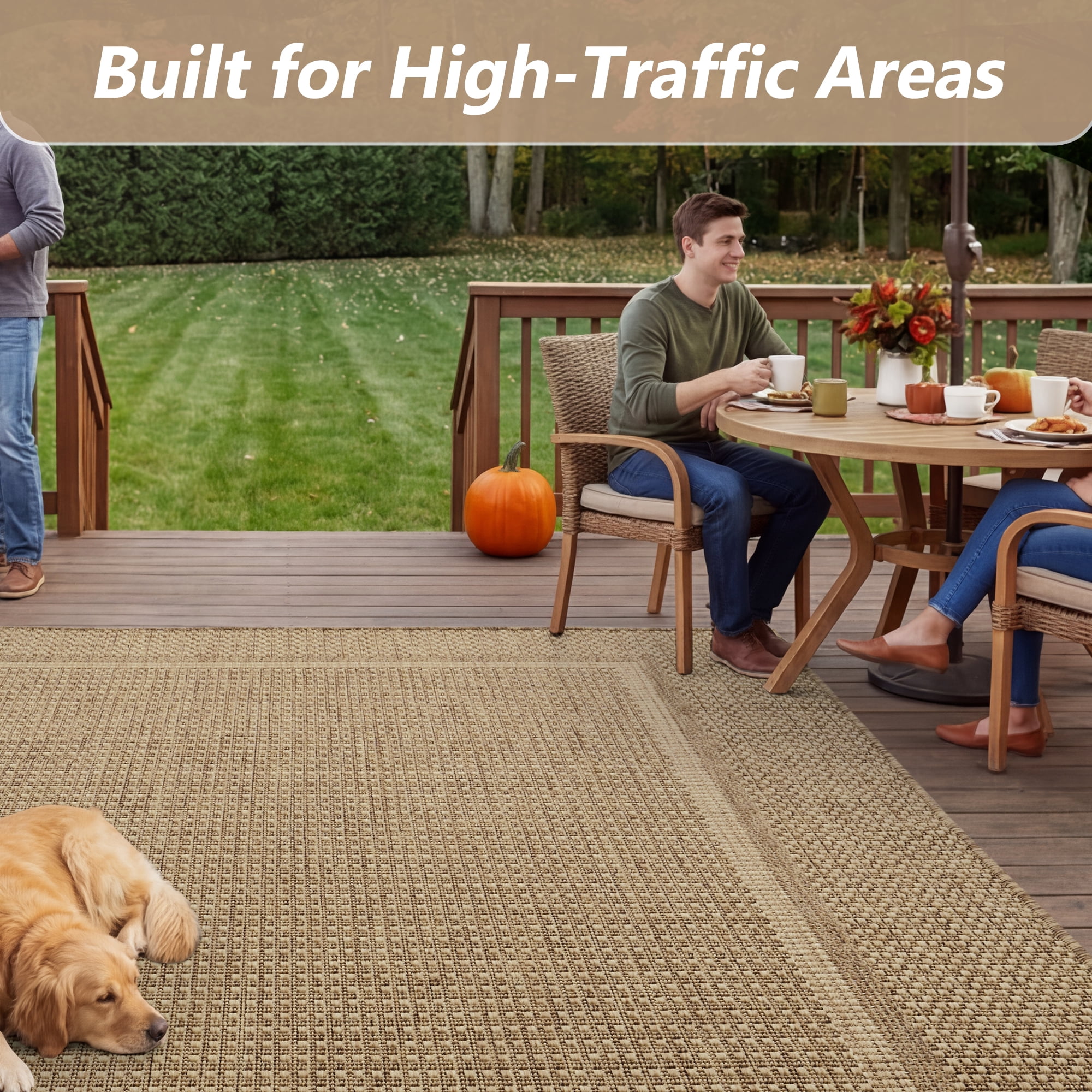SIXHOME Outdoor Rugs 8'x10' Patio Rug Modern Bordered Indoor Outdoor Rugs Polypropylene Washable Non Shedding, Easy Clean, Waterproof, Durable Outdoor Carpet for Porch Balcony Deck Neutral Brown