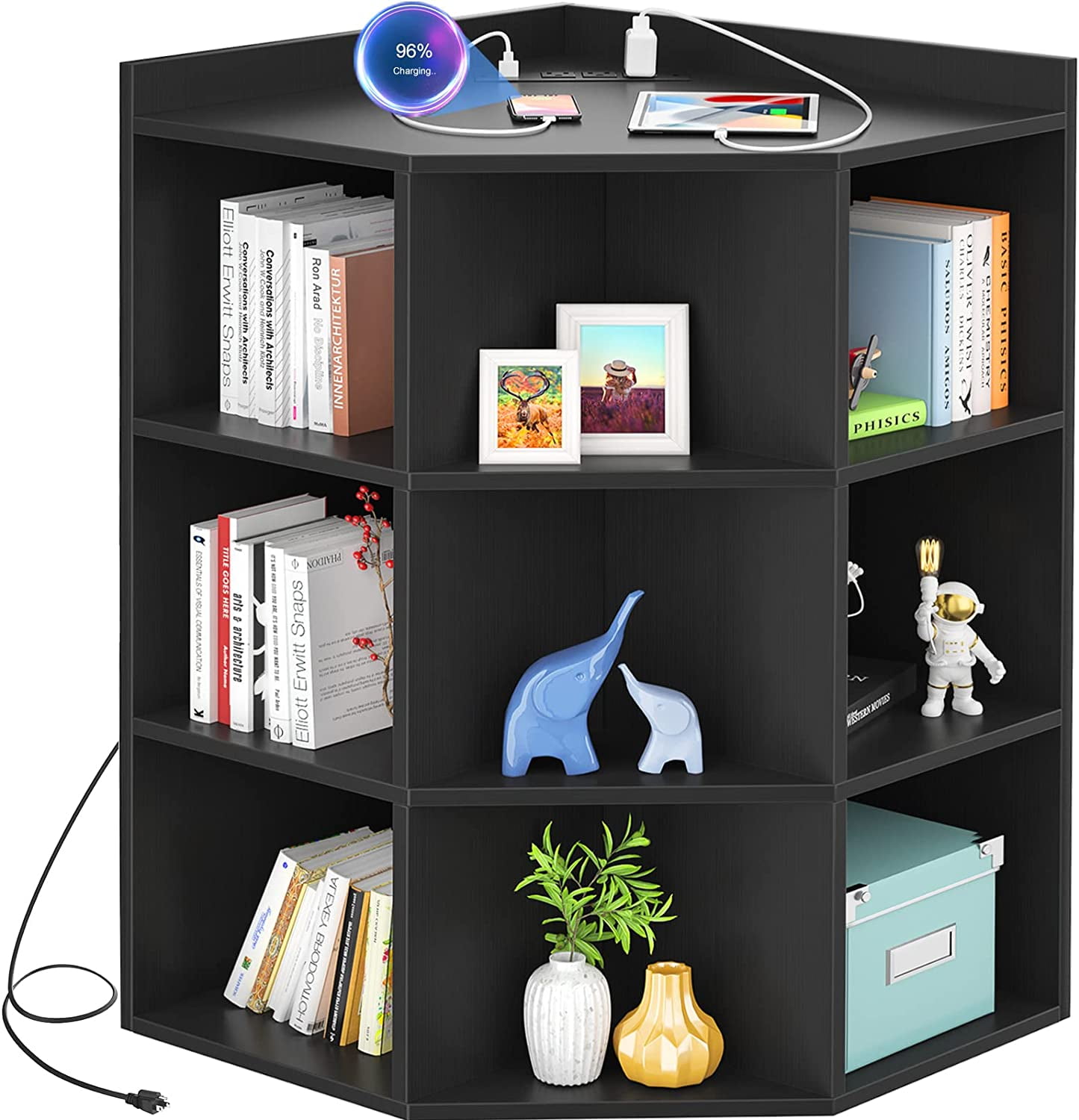 Corner Black Corner Storage with USB Ports and Outlets, Corner