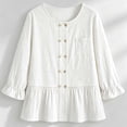 thumbnail image 4 of Womens Cotton Linen Shirts Long Sleeve Button Down Crewneck Ruffled Blouses Trendy Casual Loose Cute Comfy Tops, 4 of 6