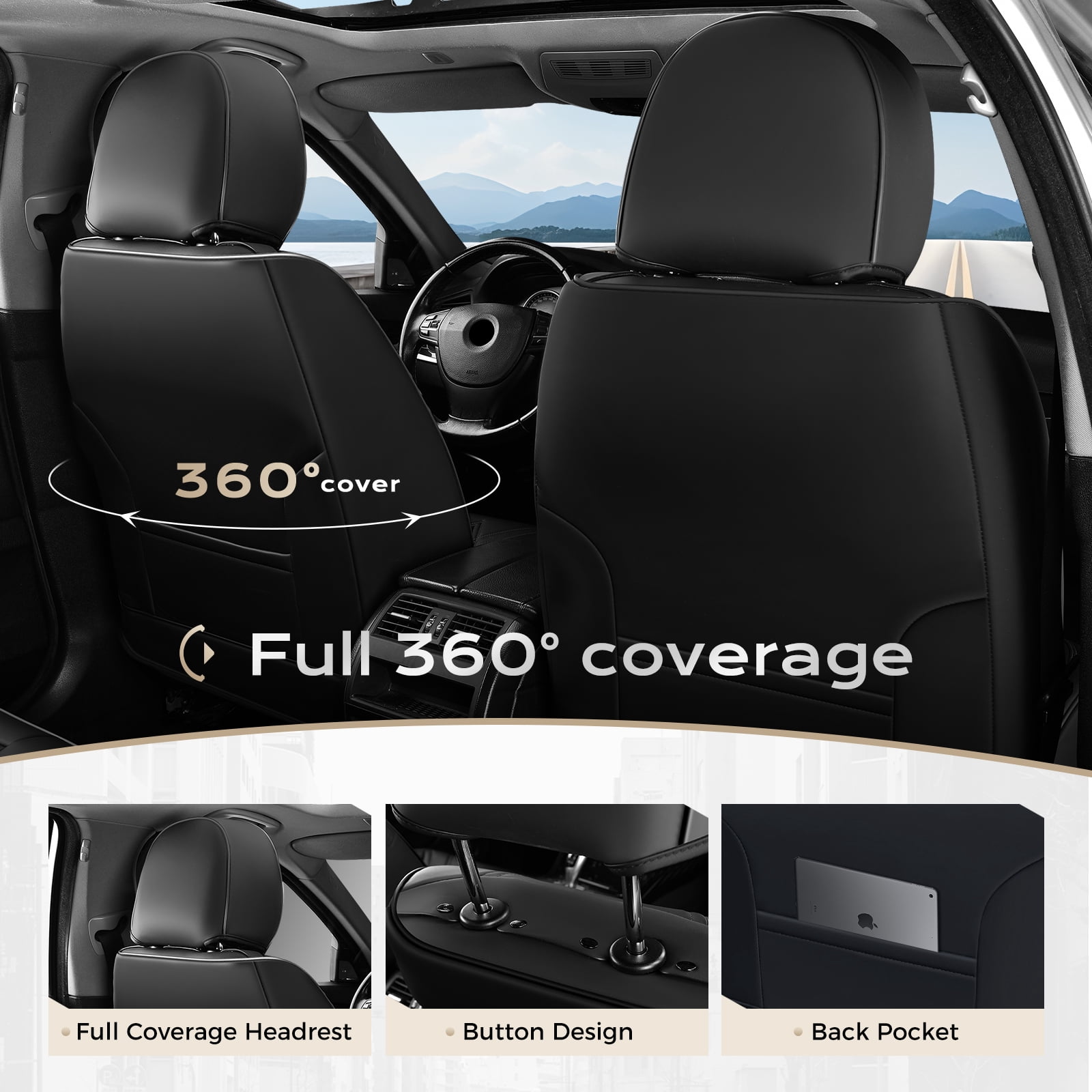 Coverado Full Set Covers For Cars, Waterproof Faux Leather Front and Rear Seat Protectors, Auto Cushions Universal Fit for Most Cars, Black