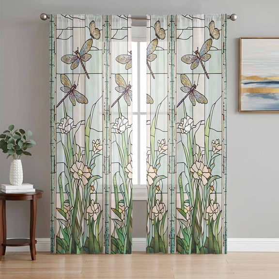 Dark Green Grass Semi Sheer Window Curtains 108 Inches Long, Flower Dragonfly Retro Pastoral Rustic Rod Pocket Voile Silky Chiffon Curtain Light Filtering Drapes for Living Room, 52"x108", 2 Panels