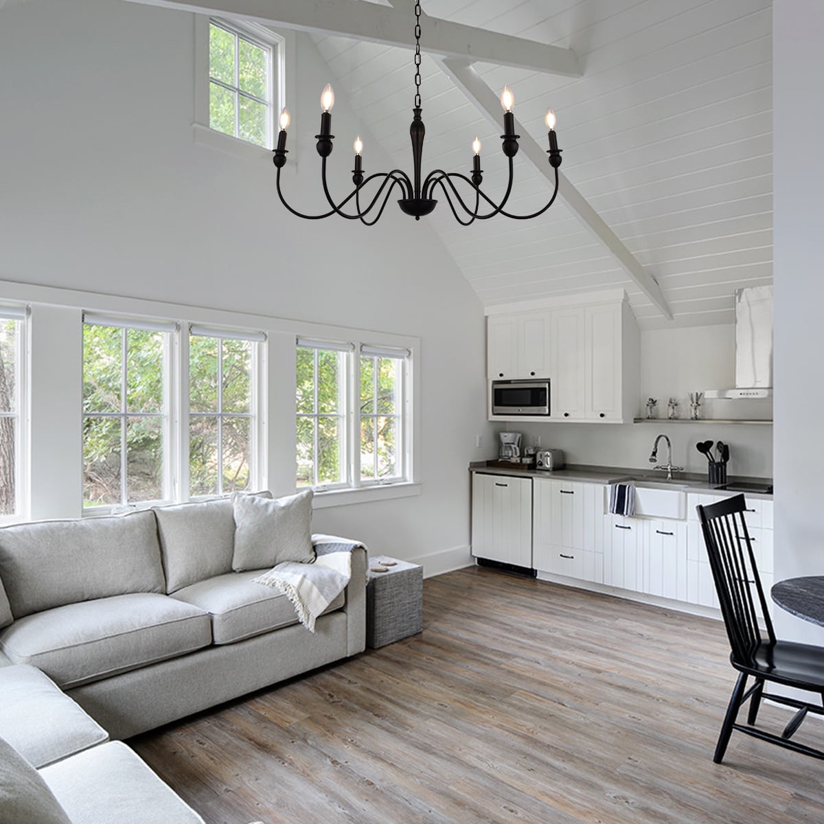 YANSUN 6-Light Matte Black Farmhouse Chandelier, Rustic Industrial Candle Chandelier for Kitchen Island, Dining Room and Bedroom