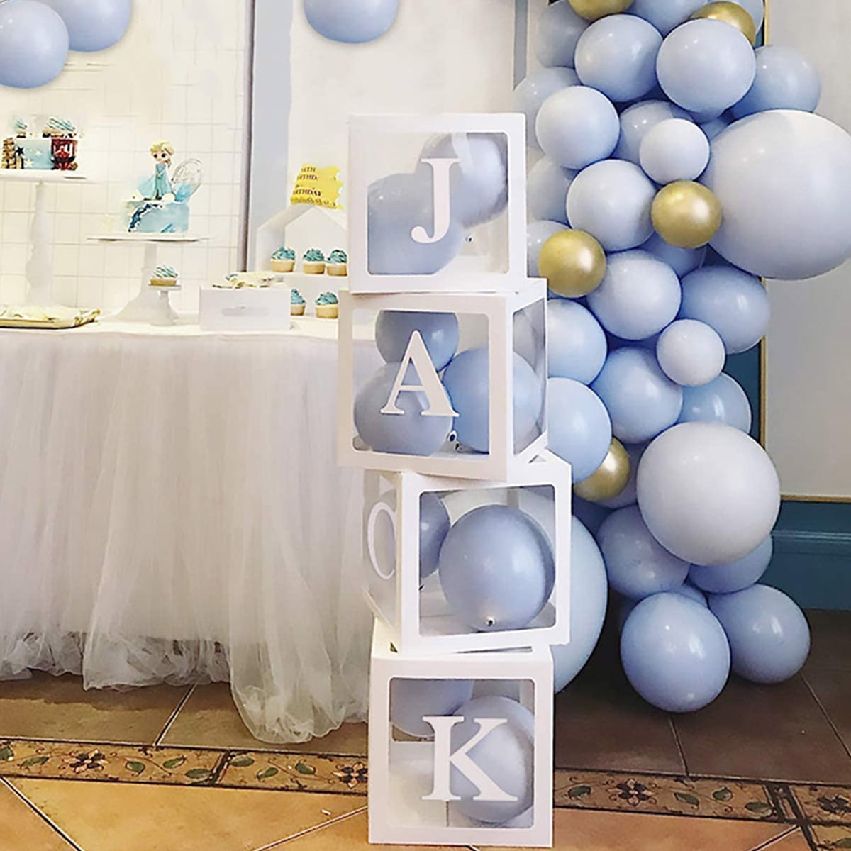 Gender Reveal Backdrop & First Birthday Favors White 4Pcs 12 Baby Clear Balloon Boxes Blocks for Boy or Girl Baby Shower Decorations CheeseandU Baby Shower Blocks with Letters