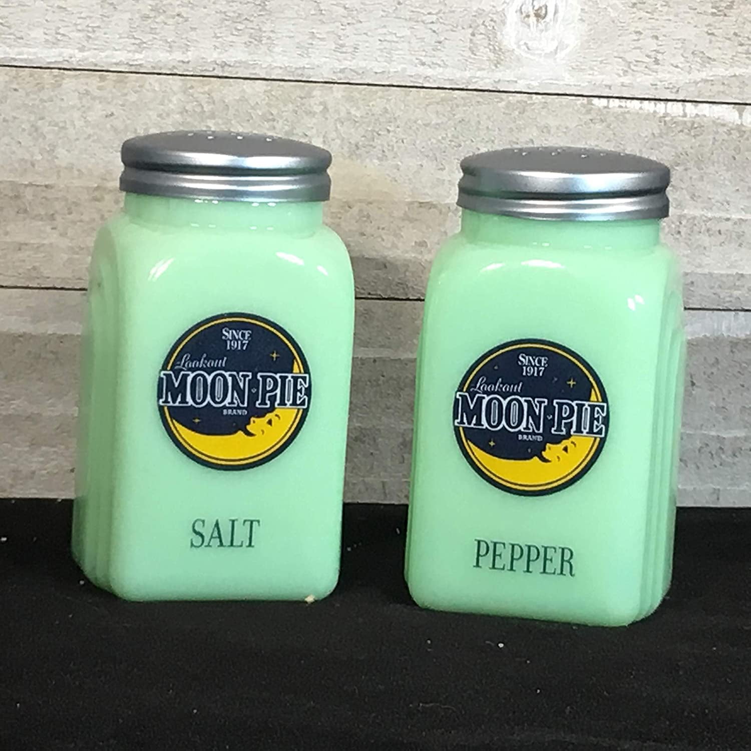 NEW Jadeite Green Glass Eiffel Tower Floral Embossed 4/" Salt /& Pepper Shakers