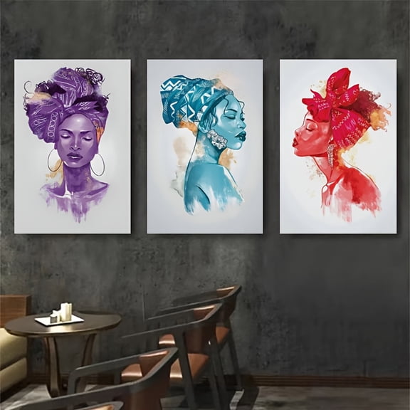 2D Flat 3pcs Framed Canvas 3pcs Vibrant African Women Watercolor Canvas Art Prints - Colorful Headwrap Wall Decor for Living Room, Bedroom, Office - Modern Art with Elegant Jewelry & Hairstyles, Fra