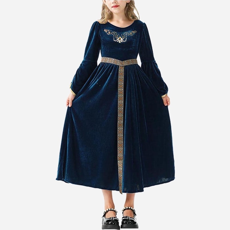 Halloween Customes for Girls 5-12 Years Long Sleeve Black Witch Dress Party Outfits Halloween Clothes (9 Years, Blue)