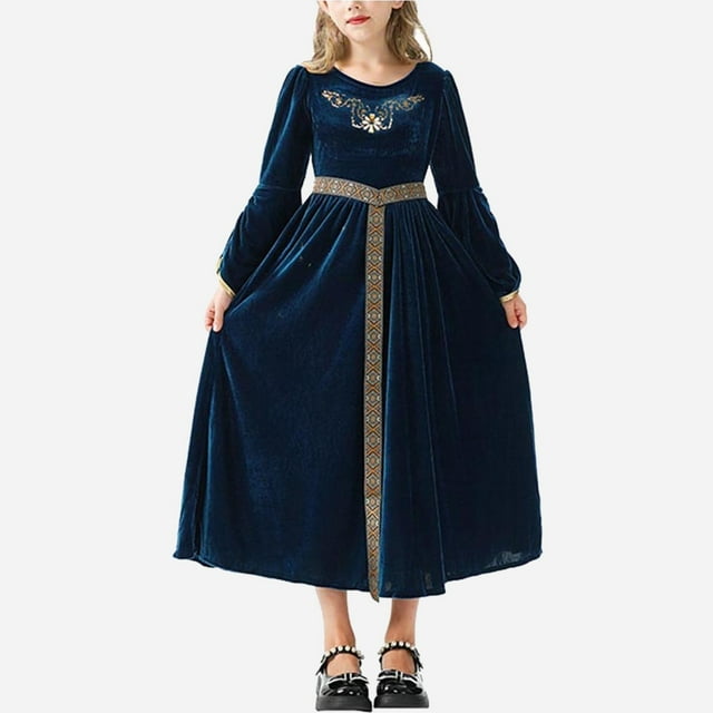 Cowsor Robe Médiévale pour Filles Fête du Thé Manches Bouffantes en Velours Taille Haute Longue
