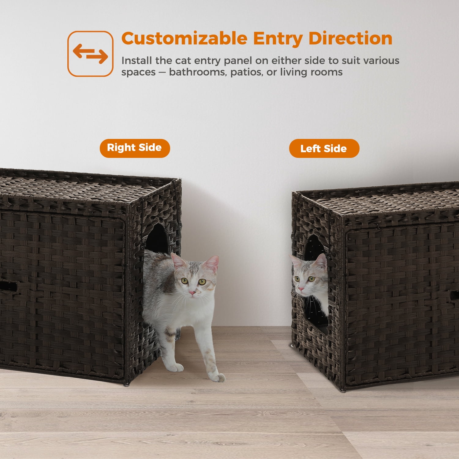 PEQULTI Rattan Cat Litter Box Enclosure Pet House with Taller Doorway for Large Cats Indoor Brown