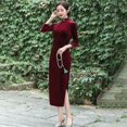 thumbnail image 3 of ALSLIAO - Nuevo y lujoso vestido largo de terciopelo para mujer, cheongsam chino, corte entallado, qipao rojo vino, talla 2XL, 3 of 8