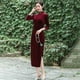 thumbnail image 3 of ALSLIAO - Nuevo y lujoso vestido largo de terciopelo para mujer, cheongsam chino, corte entallado, qipao rojo vino, talla 2XL, 3 of 8