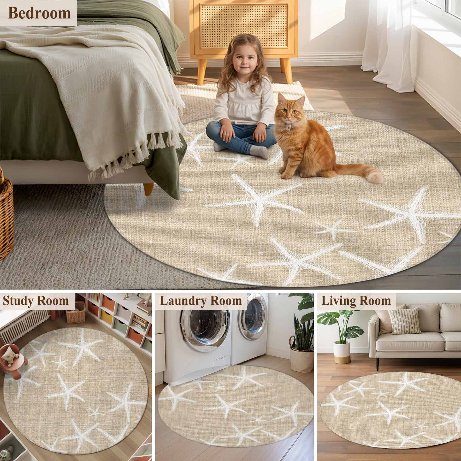 Coastal Starfish Round Area Rug 3.3Ft Washable Circle Rugs for Dining Room Table, Summer Ocean Waves Ombre Sea Beige Non-Slip Carpet Floor Mats Indoor Outdoor Carpet Runner Aesthetic Home Decor